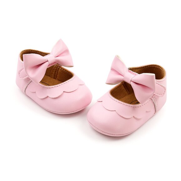 Pink Leatherette Cute Bow Baby Shoes - Picture 1 of 4